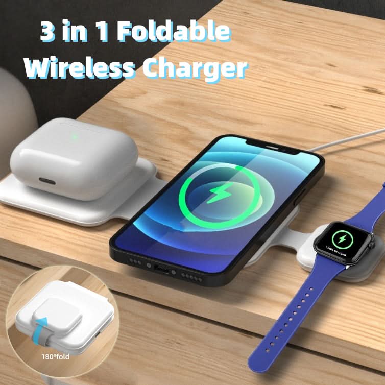 Stazione di ricarica wireless magnetica 3-in-1 pieghevole per cellulare, smartwatch e accessori, ricarica rapida 15W
