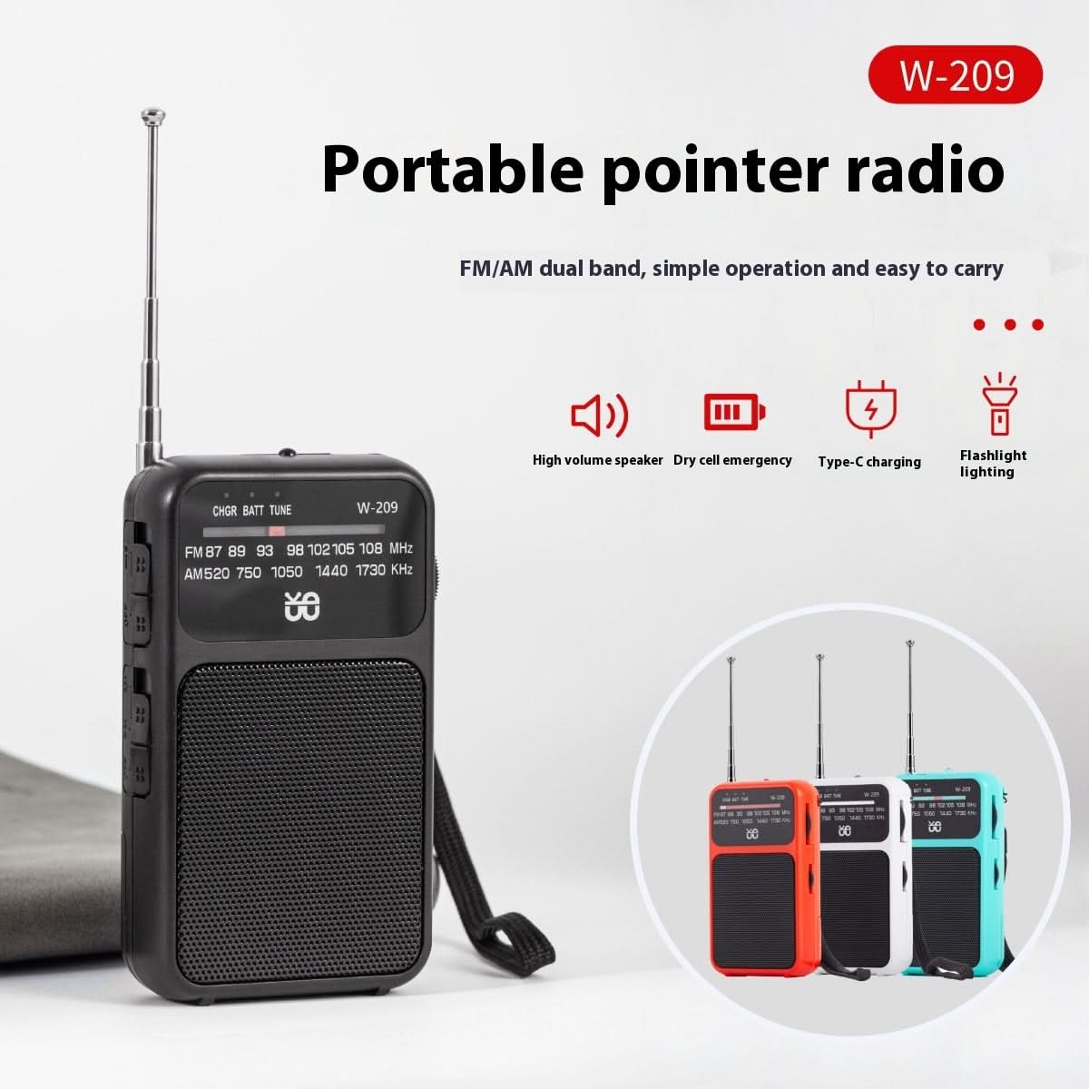 Radio portatile a doppia alimentazione con torcia, FM/AM, 110x60x27 mm, colori nero bianco rosso azzurro