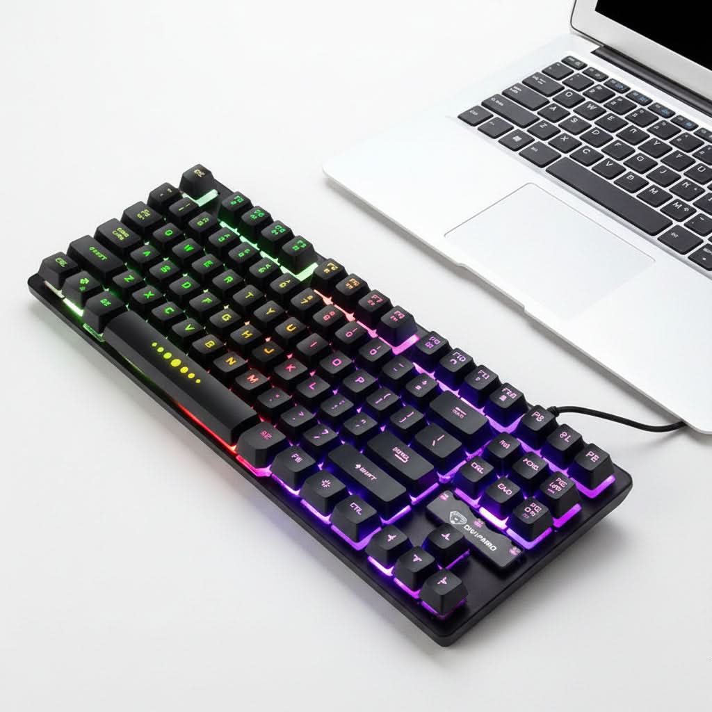 Tastiera meccanica da gaming RGB con 87 tasti, retroilluminazione a sette colori, USB cablata, abbinata a laptop
