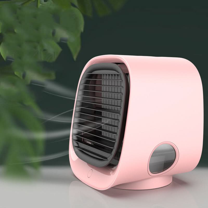 Mini condizionatore rosa 4 in 1: raffredda, umidifica, purifica e luce LED; 3 velocità, angoli regolabili, USB.