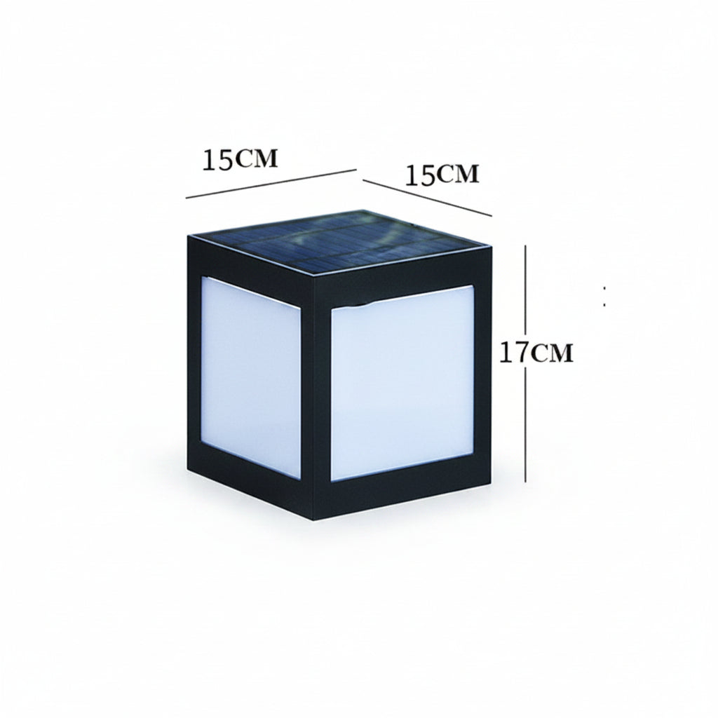 Luce solare da giardino a cubo, cornice nera, 15x15x17 cm, LED 5W, impermeabile, uso esterno