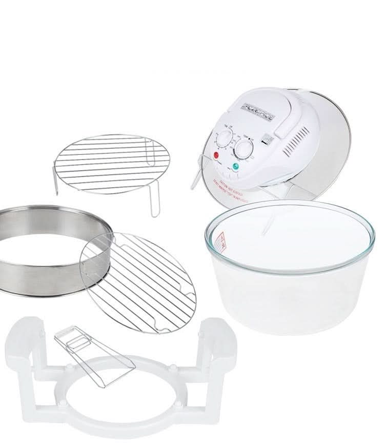Forno ad aria con vetro, capacità 12L/17L, 3in1/4in1/8in1, accessori: griglie metalliche, anello in metallo, ciotola in vetro.