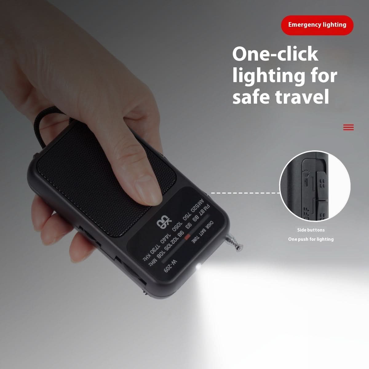 Radio portatile a doppia alimentazione con torcia LED e pulsanti laterali, FM/AM.