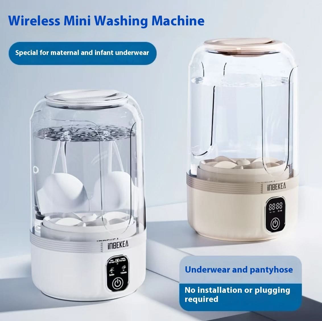 Lavatrici mini wireless portatili bianche e beige kaki, USB, dimensioni 145×145×210 mm, controllo digitale