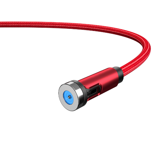 Cavo magnetico Essager USB-C rotante 360° per ricarica rapida, connettore magnetico rosso e corpo metallico.