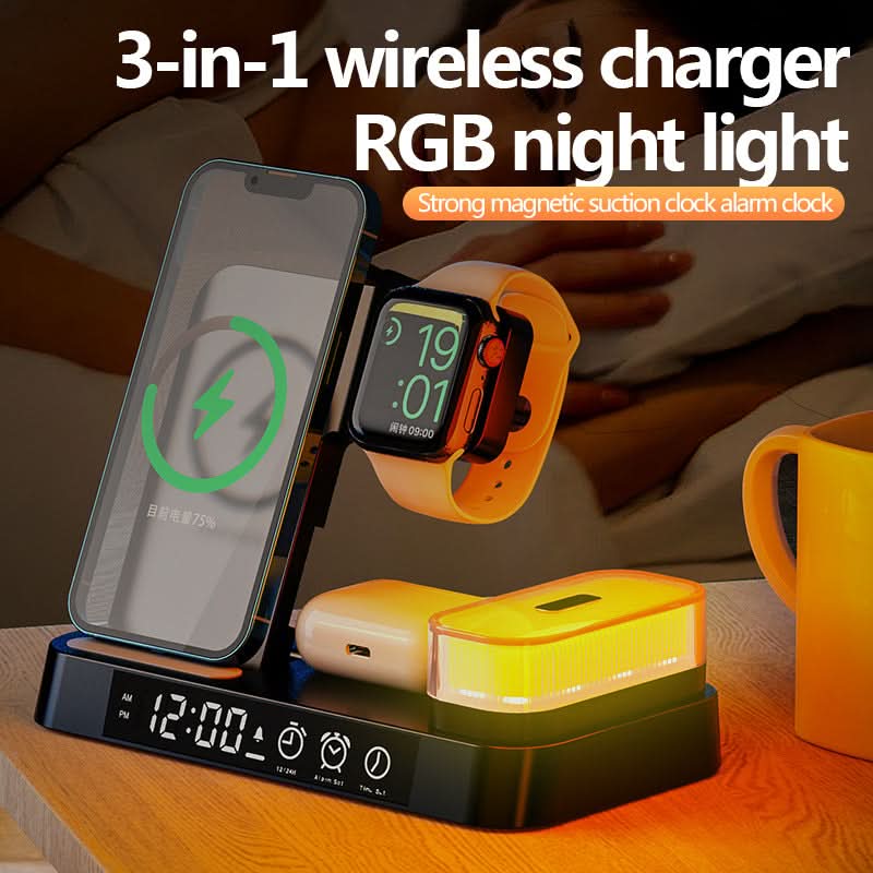 Stazione di ricarica wireless 3-in-1 con orologio display, supporto pieghevole e luce RGB notturna.