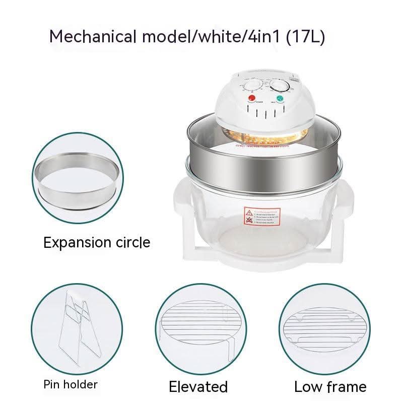 Forno friggitrice ad aria convettiva in vetro, bianco/meccanico, 17L 4in1, 1300–1400W, 111–240V.