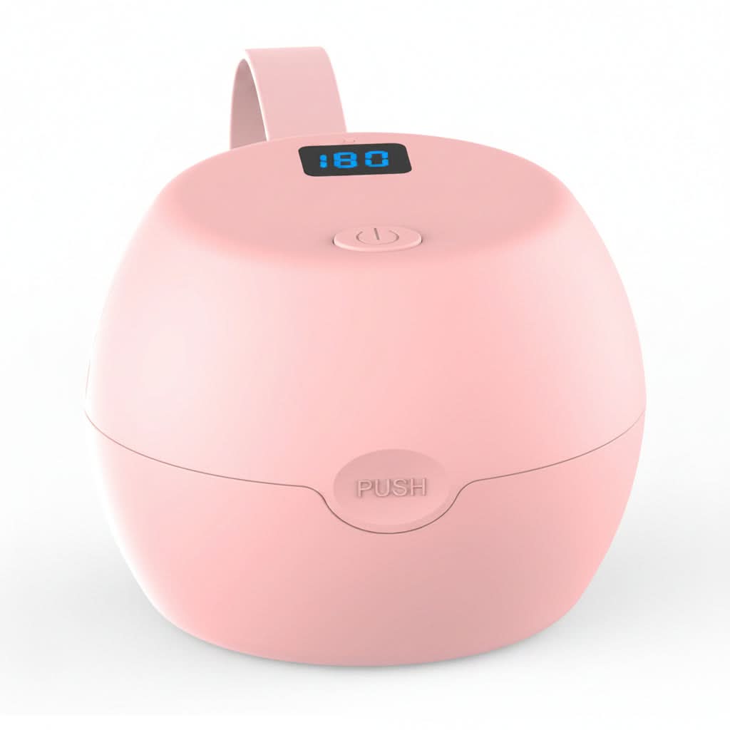 Box sterilizzatore LED UV per succhietti dei neonati, colore rosa, con pulsante e display, alimentazione USB.