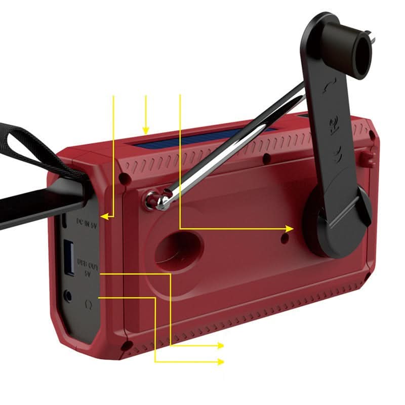Radio d’emergenza outdoor a energia solare e manovella, illuminazione ad alta luminosità e altoparlante integrato in ABS.