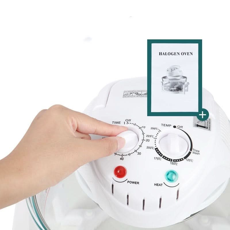 Forno bianco a convezione con aria calda, pannello di controllo a manopola e indicatori luminosi rossi e verdi.