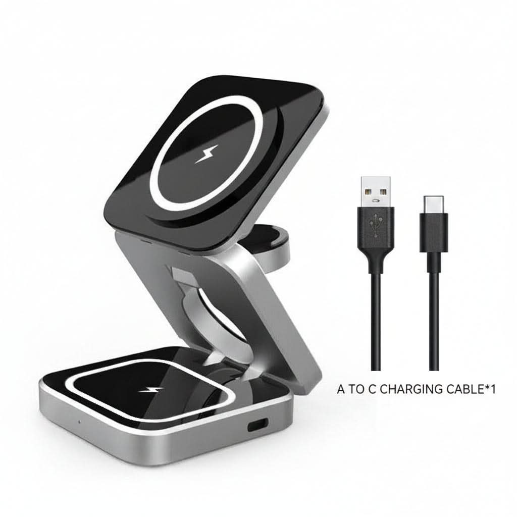 Stazione ricarica wireless 3-in-1 pieghevole e magnetica per telefoni, auricolari e orologi, cavo USB-C incluso, argento.