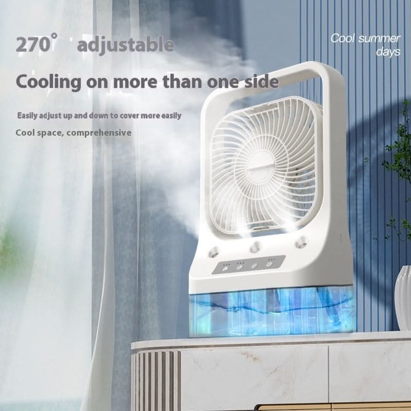 Ventilatore domestico con serbatoio d'acqua, testa 270°, luci notturne e nebulizzazione