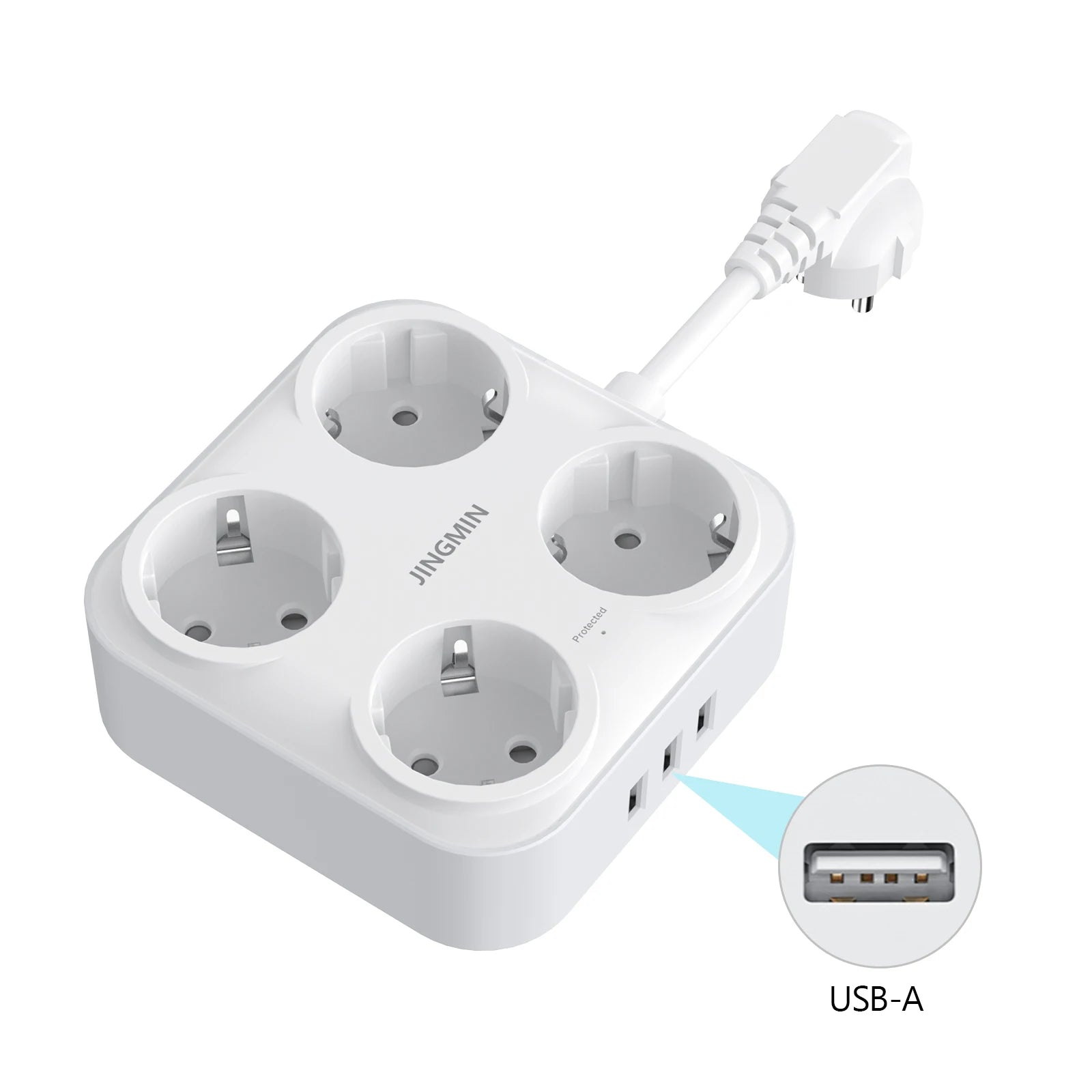 Estensione multipresa EU con 4 prese Schuko e porte USB per ricarica rapida, adatta a viaggi.