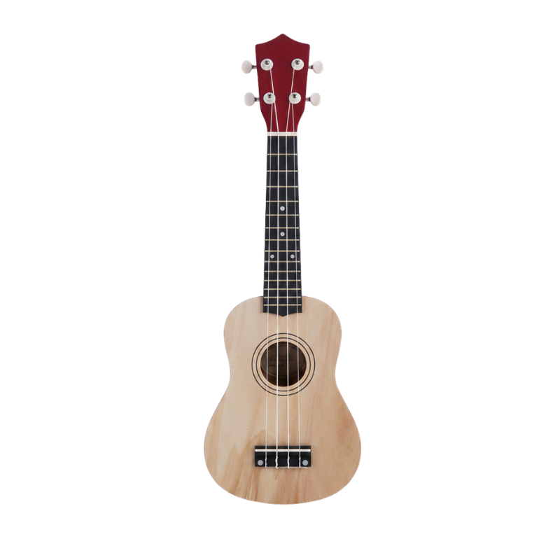 Ukulele per bambini da 21 pollici, marca Junning, corpo in legno chiaro, testa rossa, scatola in pelle.