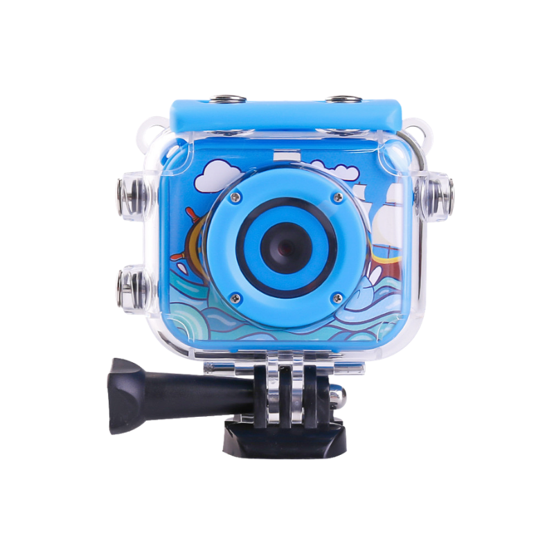 Fotocamera digitale impermeabile per bambini con custodia azzurra, sensore CMOS 1/2.3, 12 MP, nessun zoom ottico.