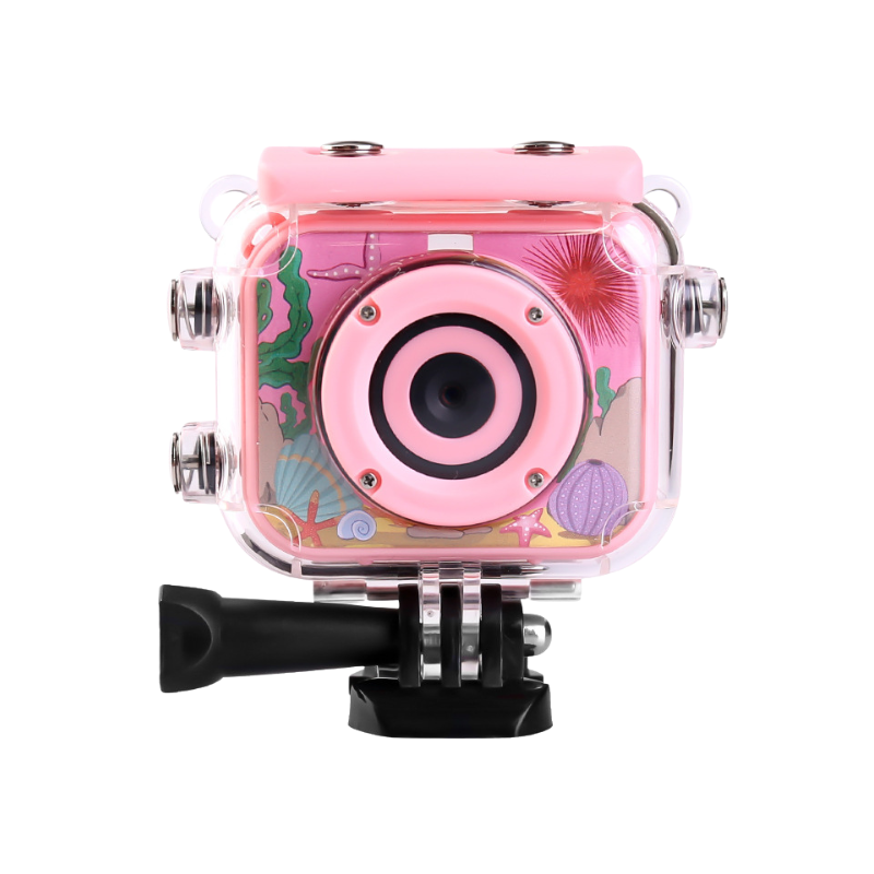 Fotocamera digitale per bambini impermeabile, rosa, guscio trasparente con tema marino, sensore CMOS 1/2.3, 12 MP