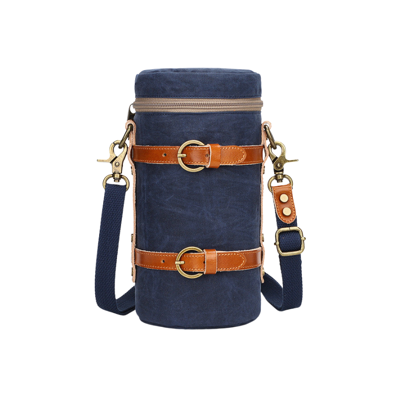 Custodia in tela blu navy per fotocamera SLR, cinturini in pelle marrone, tracolla, zip, stile messenger.
