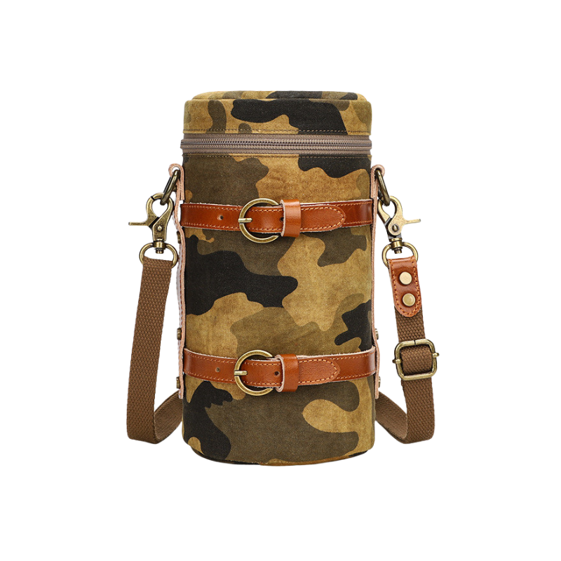 Borsa fotocamera SLR in canvas mimetico, stile messenger casual, cinturino regolabile e fibbie in pelle.