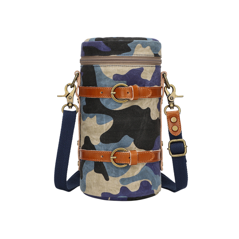 Borsa per fotocamera SLR in canvas camouflage multicolore, impermeabile, con cerniera, manico morbido e tracolla.