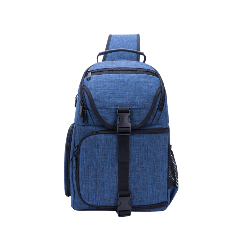 Borsa per fotocamera in nylon impermeabile blu, 25x15x36 cm, porta fotocamera, obiettivi, treppiede, accessori e tablet.