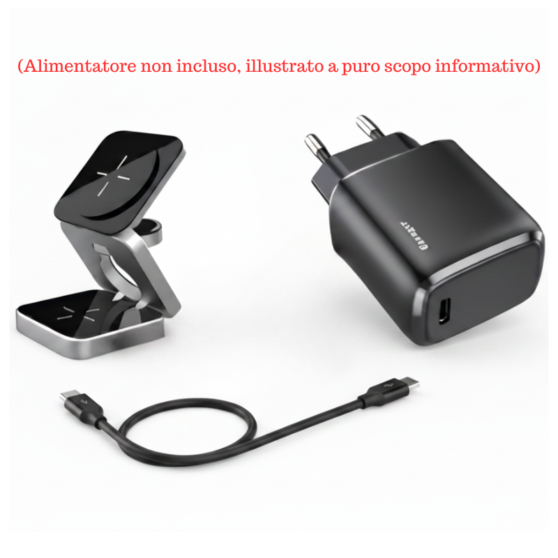 Stazione di ricarica wireless 3-in-1 pieghevole magnetica, compatibile con smartphone, auricolari e orologi, colore Argento