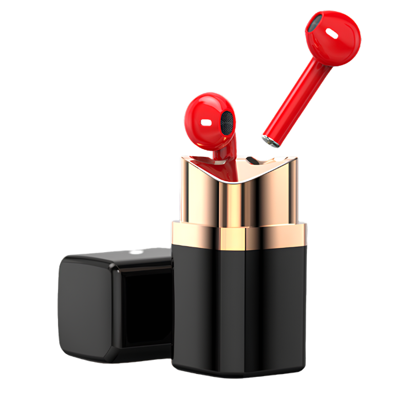 Auricolari Bluetooth in-ear stile rossetto rossi, leggeri e comodi, riduzione del rumore, custodia nera-dorata.