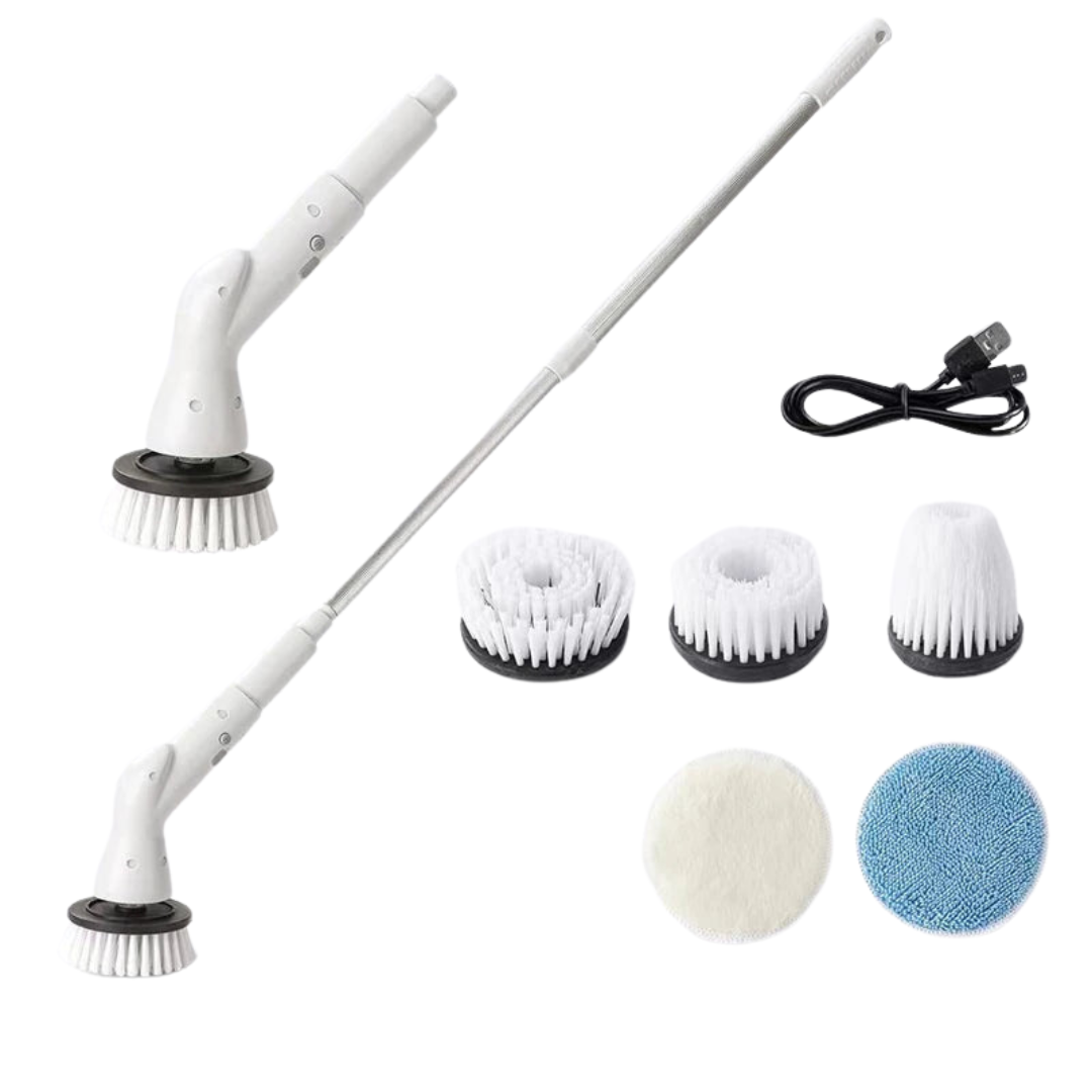 Spazzola Elettrica Ricaricabile USB Altezza Regolabile 63-95cm Colore Bianco Testine Ricambio Diversi Modelli Pulizia Casa Set 5/6 Pezzi - POWER SMARTECH