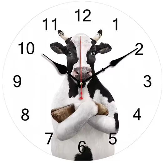 Orologio Mucca Design Simpatico Colore Bianco Dimensioni Diametro 30cm Legno