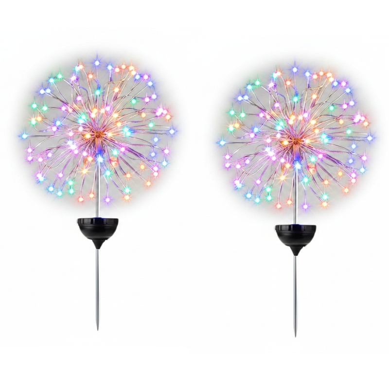 Luce LED a forma di fuoco d'artificio su filo di rame, picchetto da giardino, decorazione esterna multicolore, 2pz