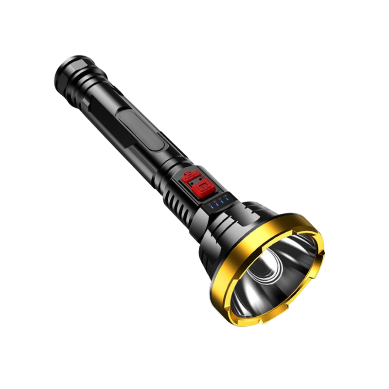 Torcia tattica LED da 90000LM, ricaricabile USB, corpo in ABS, manico nero con anello dorato