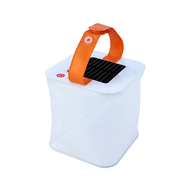 Lanterna solare LED pieghevole e gonfiabile per campeggio, impermeabile, con manico arancione, portatile.