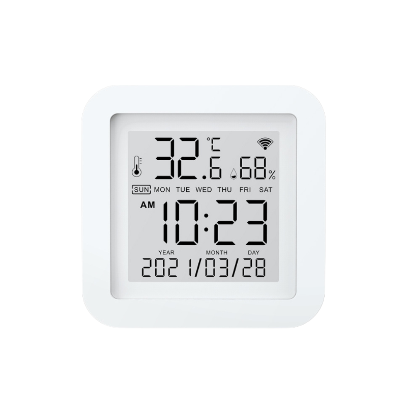 Sensore WiFi temperatura e umidità con display digitale per smart home, compatibile Alexa e Google Assistant.