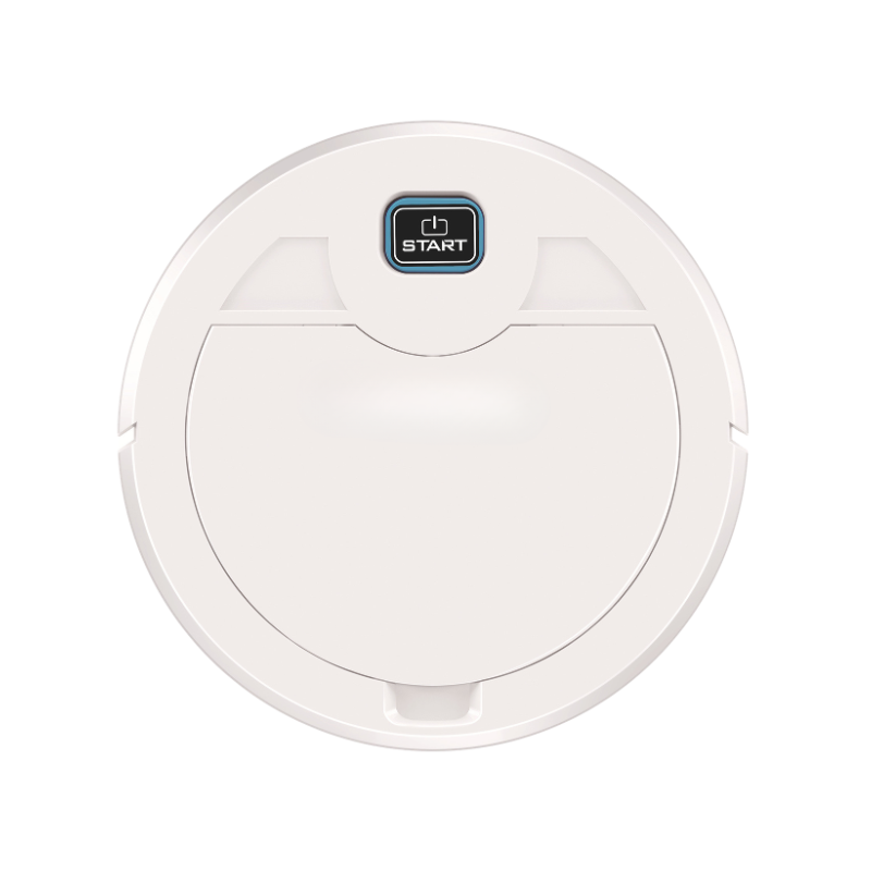 Robot aspirapolvere rotondo bianco con pulsante Start, design slim per pavimenti e tappeti.