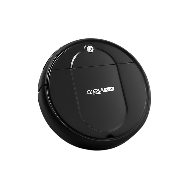 Robot aspirapolvere rotondo nero per Smart Home, funzione pulizia, pulsante accensione e logo CLEAN Robot