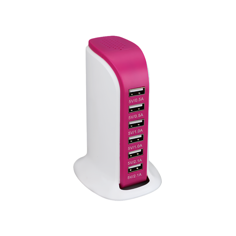 Caricatore da viaggio USB a sei porte per barca a vela, fronte rosa, uscite 5V 0.5–2.1A.