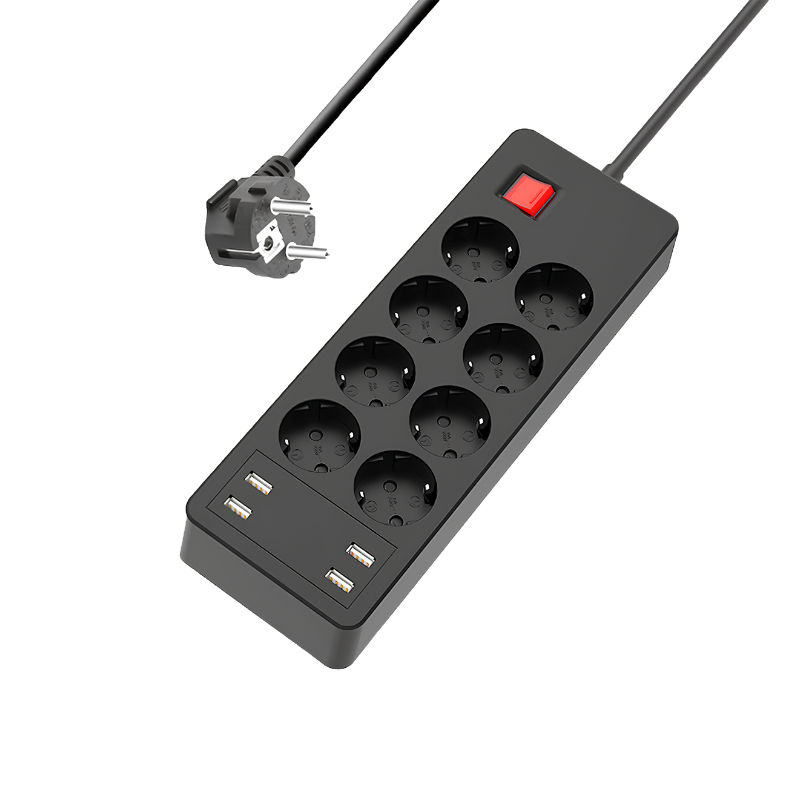 Multipresa intelligente otto prese e quattro USB con interruttore principale, ricarica USB, 90-240 V, 16 A, 4000 W.