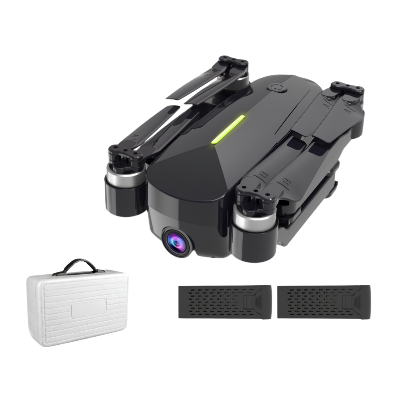 Drone con motori brushless e GPS, fotocamera 4K HD, controllo remoto, custodia e batterie incluse.