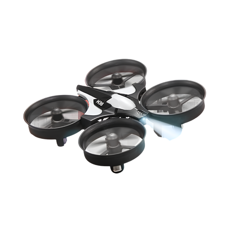 Mini drone RC quadricottero con protezioni circolari, quattro rotori e LED blu.
