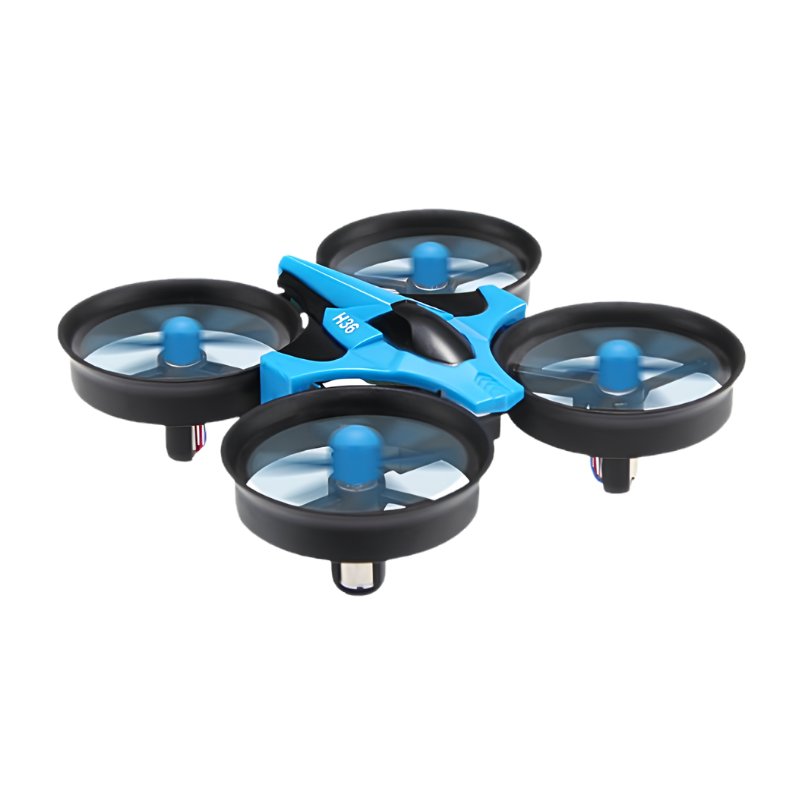 Mini drone RC a quattro eliche, corpo blu con protezioni circolari nere, modalità headless e ritorno a un tasto.