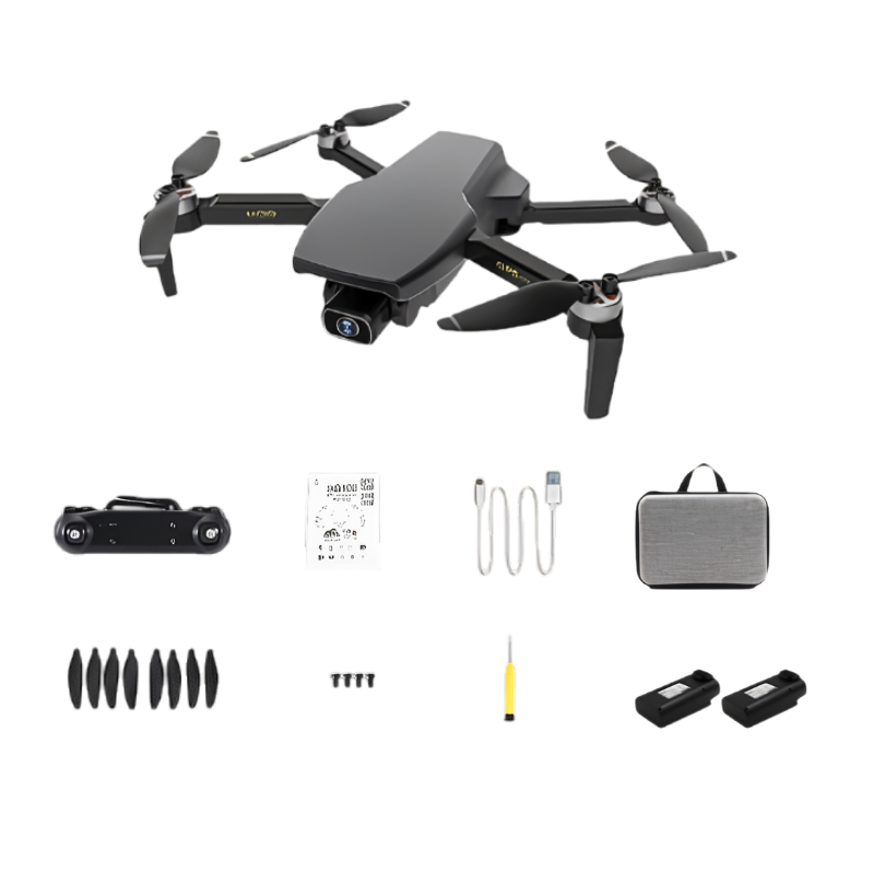 Drone pieghevole a quattro assi 4K con radiocomando e accessori: batteria, cavo USB, custodia, eliche di ricambio.