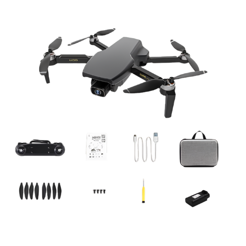 Drone pieghevole a 4 assi 4K con telecomando, batteria 7.4V, custodia e accessori.