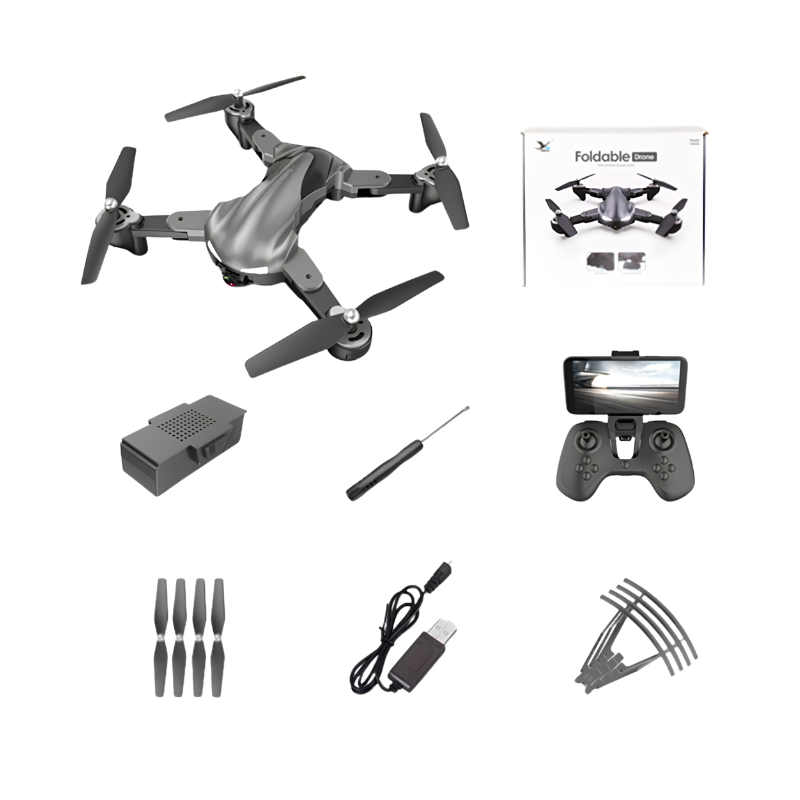 Drone HD 4K quattro assi nero/grigio con telecomando e smartphone; batteria 7.4V 1450mAh, raggio 300-500 m