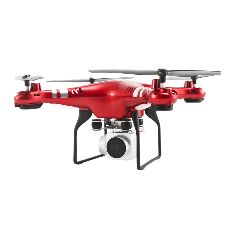 Drone quadricottero rosso per fotografia aerea HD con telecamera montata