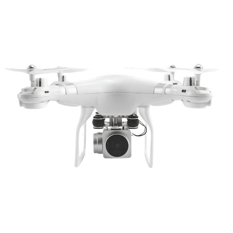 Drone quadricottero bianco per fotografia aerea HD con camera montata sotto, telaio in lega leggera