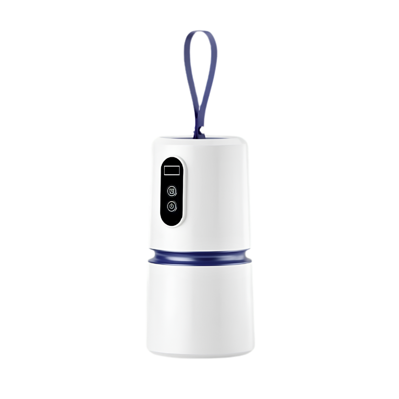 Asciugatore d’aria domestico mini, PTC, meno di 500 W, bianco cilindrico con cinturino viola, per bambini o viaggi.