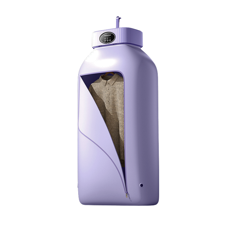 Asciugatrice pieghevole portatile per casa e viaggio, viola, forma cubo con zip e abiti all'interno.