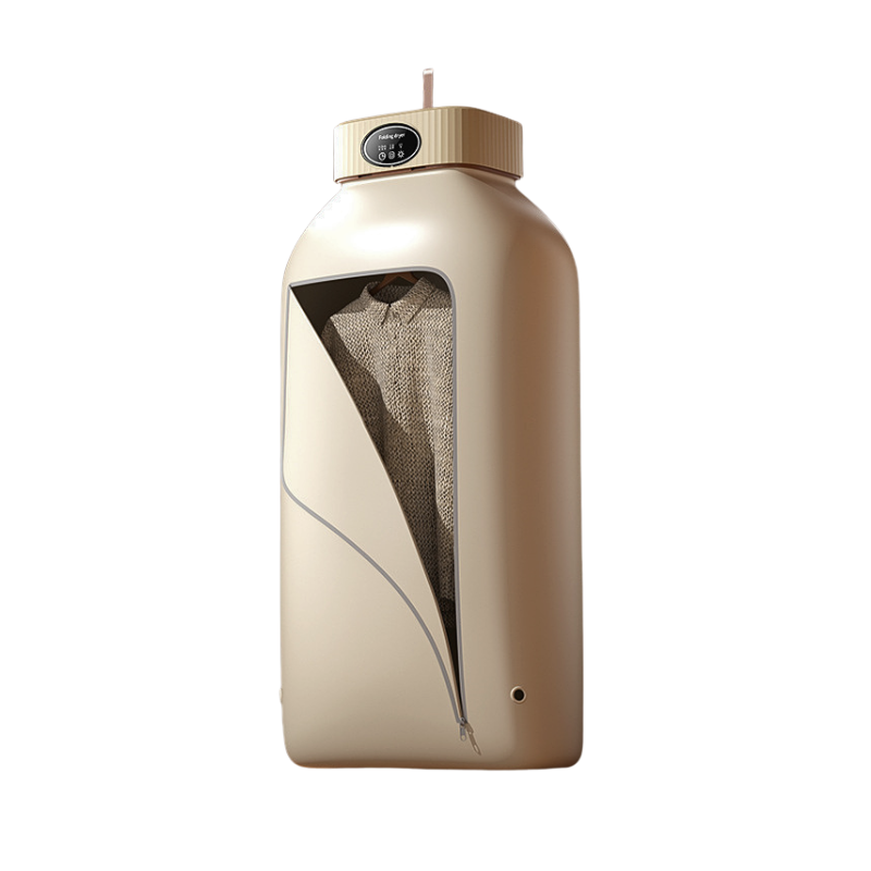 Asciugatrice portatile pieghevole da viaggio, cubo beige con finestra che mostra abiti all'interno.