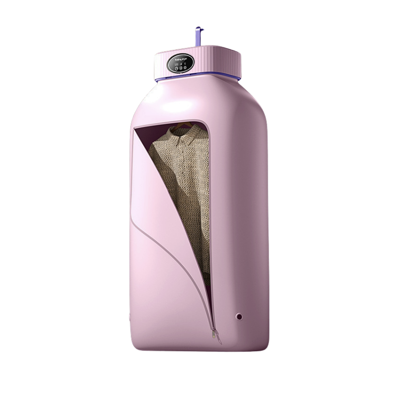 Asciugatrice pieghevole portatile, cubo in ABS rosa viola con zip aperta che mostra abiti.