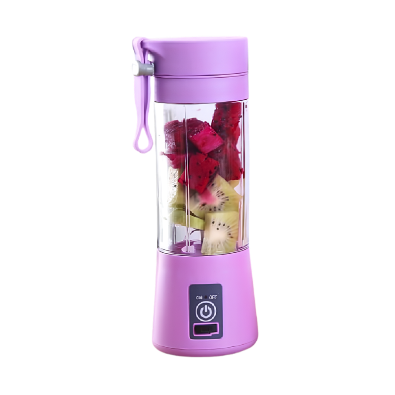 Frullatore portatile, ricaricabile USB, colore viola, contenitore trasparente con frutta mista