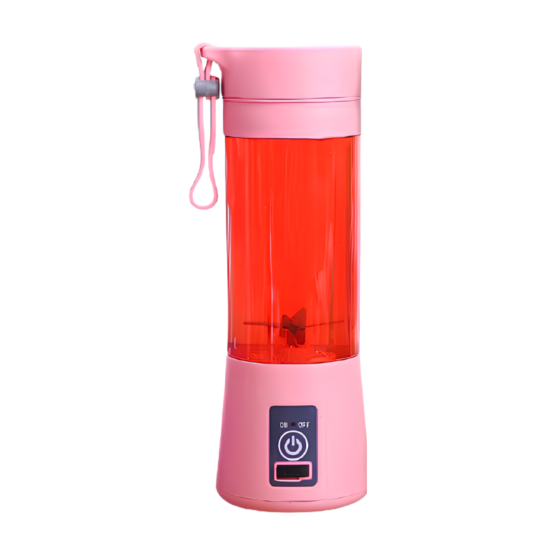 Frullatore portatile USB, contenitore rosso trasparente e base rosa con pulsante